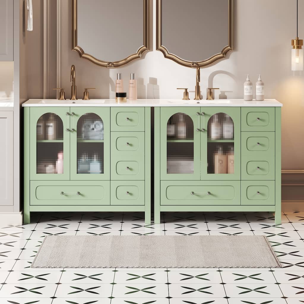 Roomfitters 72 Inch Double Sink Bathroom Cabinet with Waffle Texture Doors, Eight Drawers and Glass Panels, Green