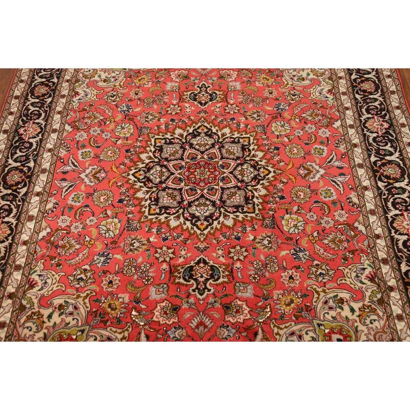 Hand-Knotted Red Floral Wool & Silk Tabriz Persian Rug - 5'1"x 6'9"