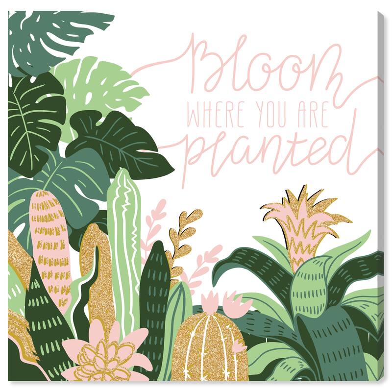 Wynwood Studio Canvas Floral and Botanical Bloom Where you are planted Green and Pastel Pink Tropical Wall Art Canvas Print