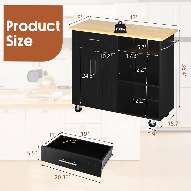 Futzca Mobile Kitchen Island Cart with Wooden Countertop & Drawer - N/A