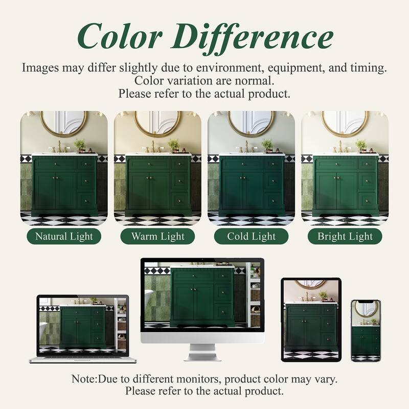 Roomfitters 36 Inch Bathroom Vanity with Sink, Modern Storage Cabinet with Adjustable Shelf and Drawers, Green