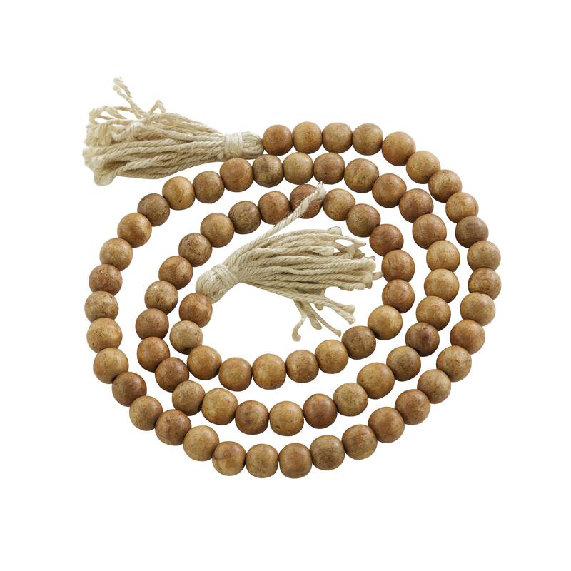 Mango Wood Handmade Round Long Carved Beaded Garland with Tassel - Roche River Decor