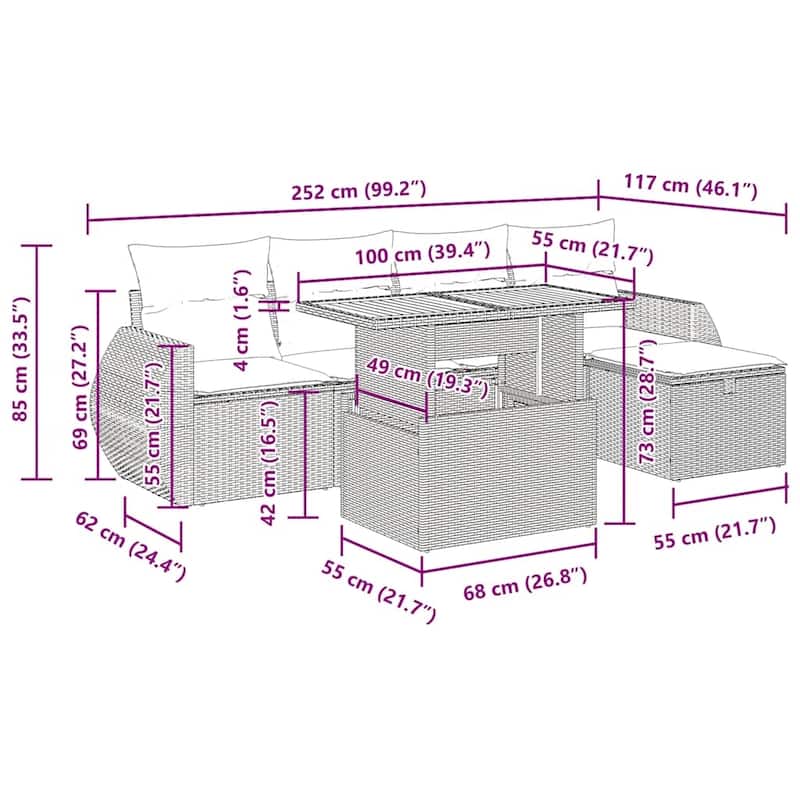 vidaXL Patio Sofa Set with Cushions Outdoor Furniture 6 Piece Poly Rattan - 21.7 x 24.4 x 27.2