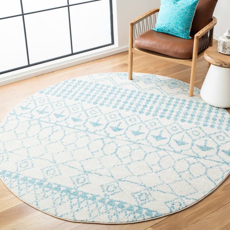 SAFAVIEH Tulum Ethelyn Rustic Moroccan Boho Tribal Rug - 6'7" Round - Ivory/Turquoise - Runner/Round