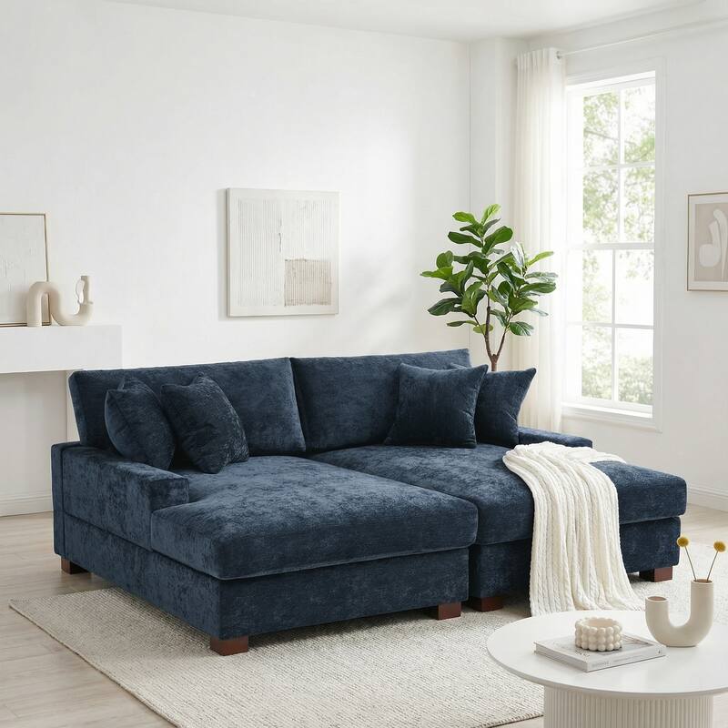 Oversized Chenille Modular Sectional Sofa With Deep Seat - Blue/2 chaise