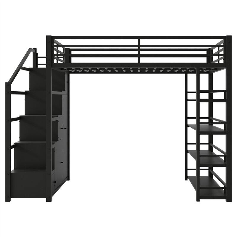 Full Size Loft Bed with Bulit-in Wardrobe and Cabinets, Metal Loft Bedframe with Storage Staircase and Open Shelves
