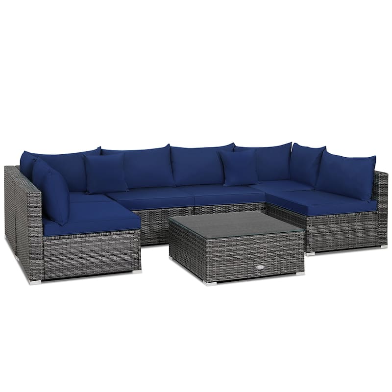 7PCS Patio Rattan Furniture Set Sectional Sofa Cushioned Garden - Navy