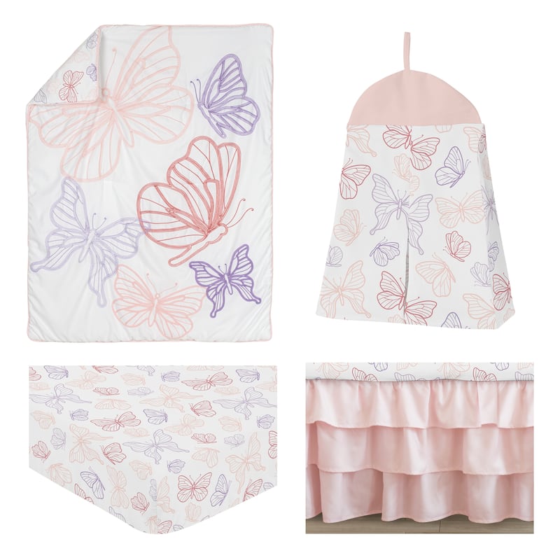 Sweet Jojo Designs Shabby Chic Butterfly Girl 4p Nursery Crib Bedding Set Blush Pink Lavender White Pastel Watercolor Pattern