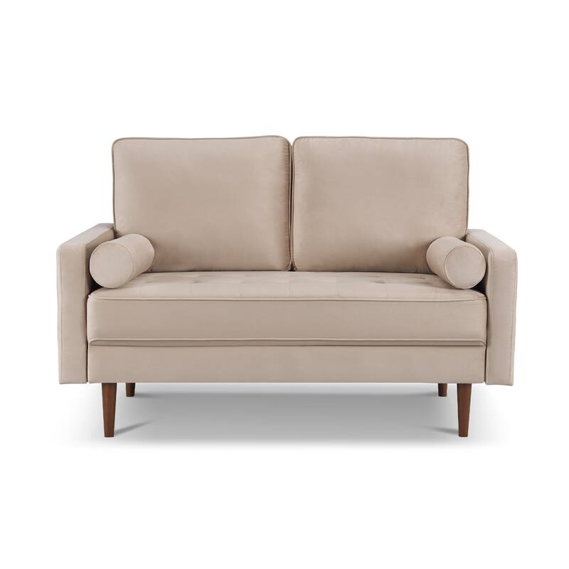 HomeRoots 57" Beige And Dark Brown Velvet Loveseat and Toss Pillows - 57.00 in. x 37.00 in. x 32.00 in.