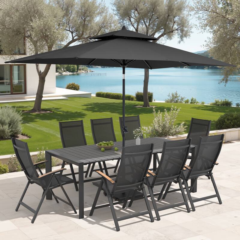 9/11-Piece Outdoor Patio Dining Set Aluminum Dining Table and Chairs w/10 ft Market Umbrella and Base with Wheels