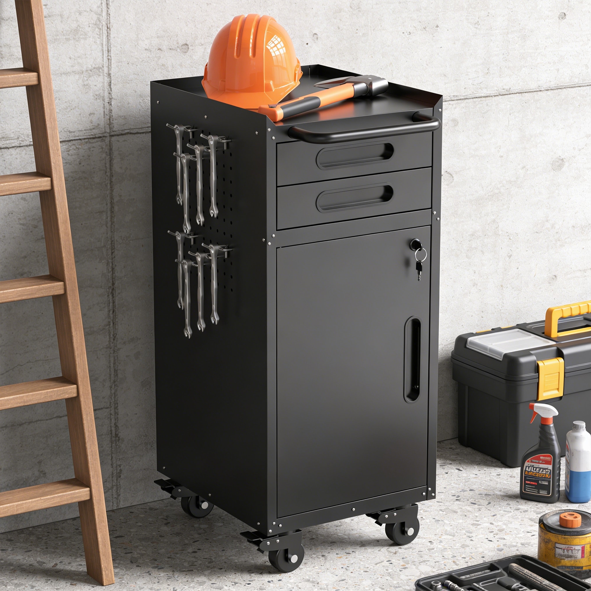 34.3" Narrow Rolling Tool Cabinet - Space-Saving Garage Storage with Lockable Door, 2 Drawers and Large Handle