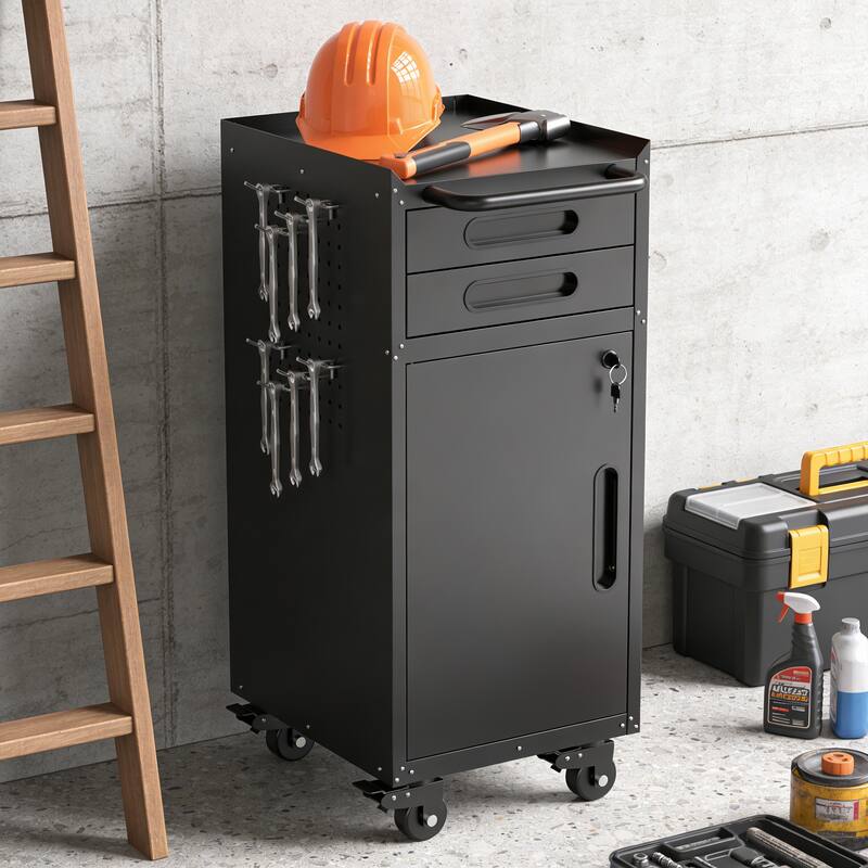 34.3" Narrow Rolling Tool Cabinet - Space-Saving Garage Storage with Lockable Door, 2 Drawers and Large Handle - Black