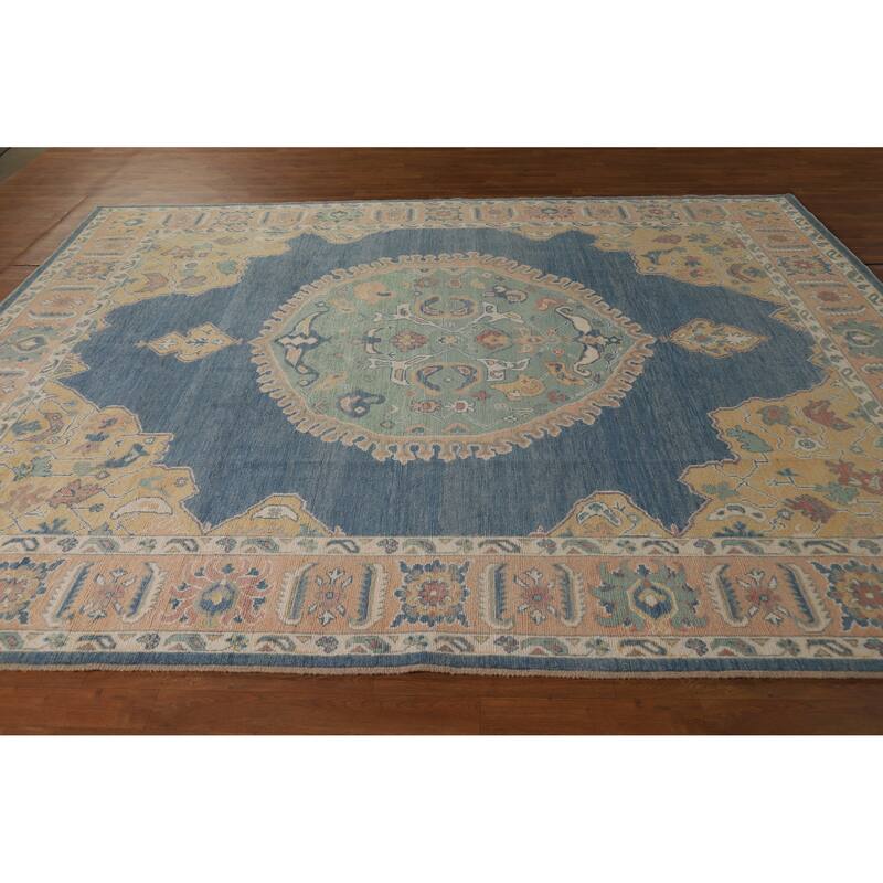 Hand Knotted Oriental 100% Wool Carpet Transitional Medallion Navy Blue & Blues Oushak Area Rug - 10' 1'' X 8' 3''