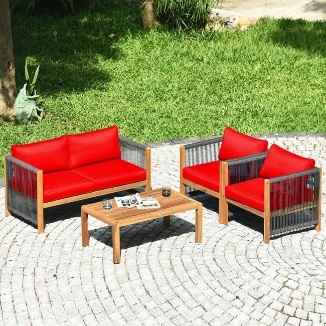 4 Pcs Acacia Wood Outdoor Patio Furniture Set with Cushions - 52" x 26" x 25" (L x W x H)
