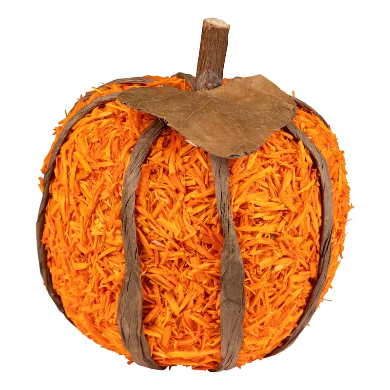 Textured Shredded Wood Pumpkin Fall Harvest Decorations- 3.5" - Orange and Green - Set of 6