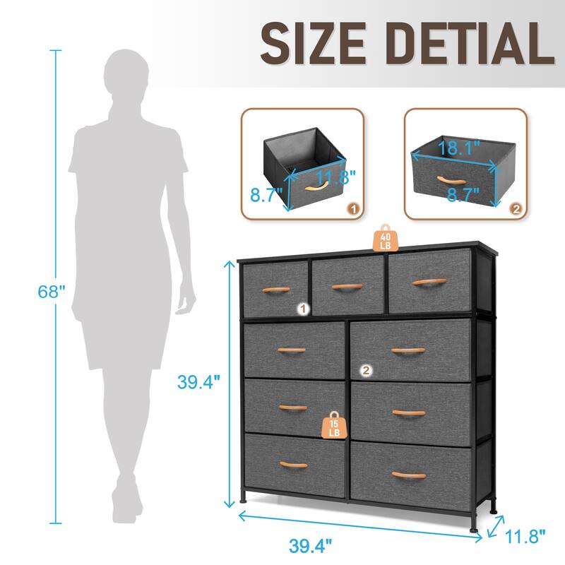 VredHom Extra Wide 9 Drawers Fabric Dresser Storage Organizer