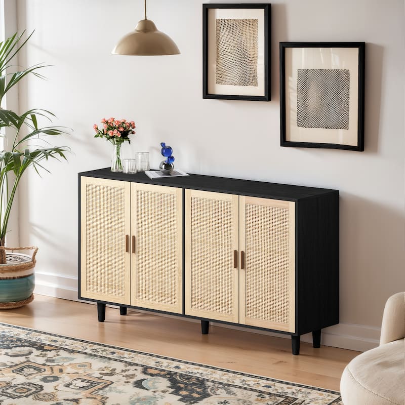 62.20" Modern Rattan Decorative Storage Cabinet with Solid Wood Legs, 4 Doors, Adjustable Shelves Versatile for Home and Office
