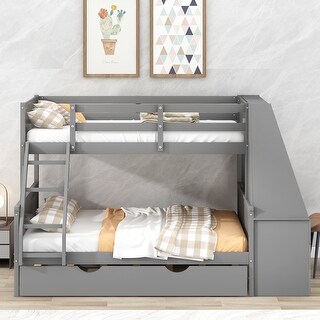 Gray Twin Over Full Size Bunk Bed w/ Trundle and Ladder, Built-in Desk