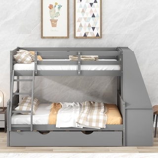 Twin over Full Bunk Bed with Trundle Bed and Built-In Desk, Wood Frame Guardrail Bed with Three Storage Drawers & Shelf