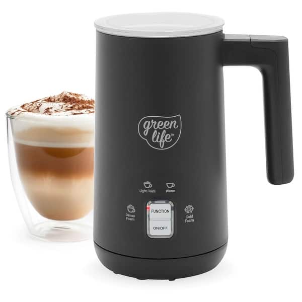 GreenLife Ceramic Electric Milk Frother, 10oz, 4-in-1, Auto Hot and Cold Foam, Cordless Milk Warmer and Steamer - black