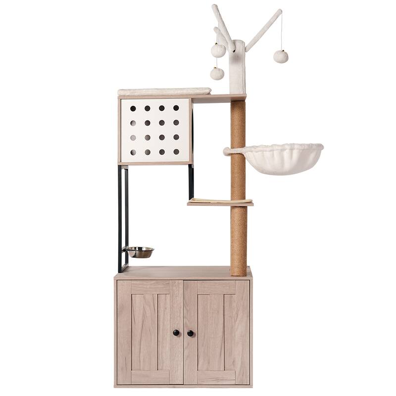 Cat Tree with Litter Box Enclosure - Modern Cat Condo with Scratching Posts, Feeding Bowl & Removable Pompom Sticks - White+gray