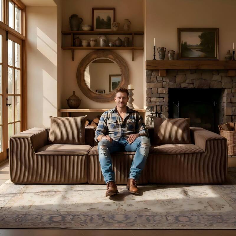 Modular Sectional Sofa with Pillows, Corduroy Upholstered 3-Seater Sofa, All-Compressed Foam Sofa for Living Room, Apartment