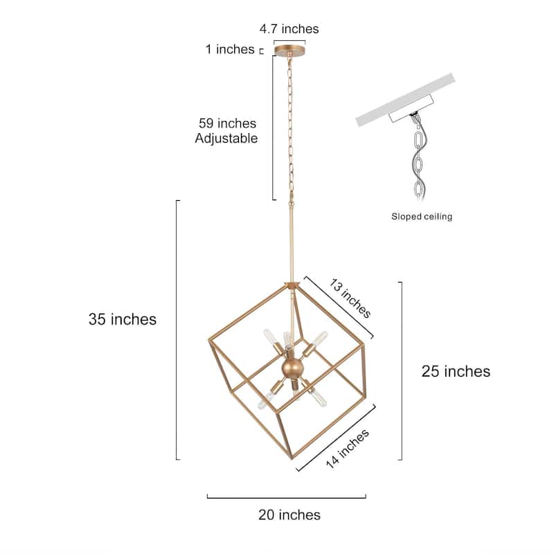Modern Gold 6-Light Sputnik Chandelier Cube Island Pendant for Kitchen Island Dining Room - W 20" x H 35"