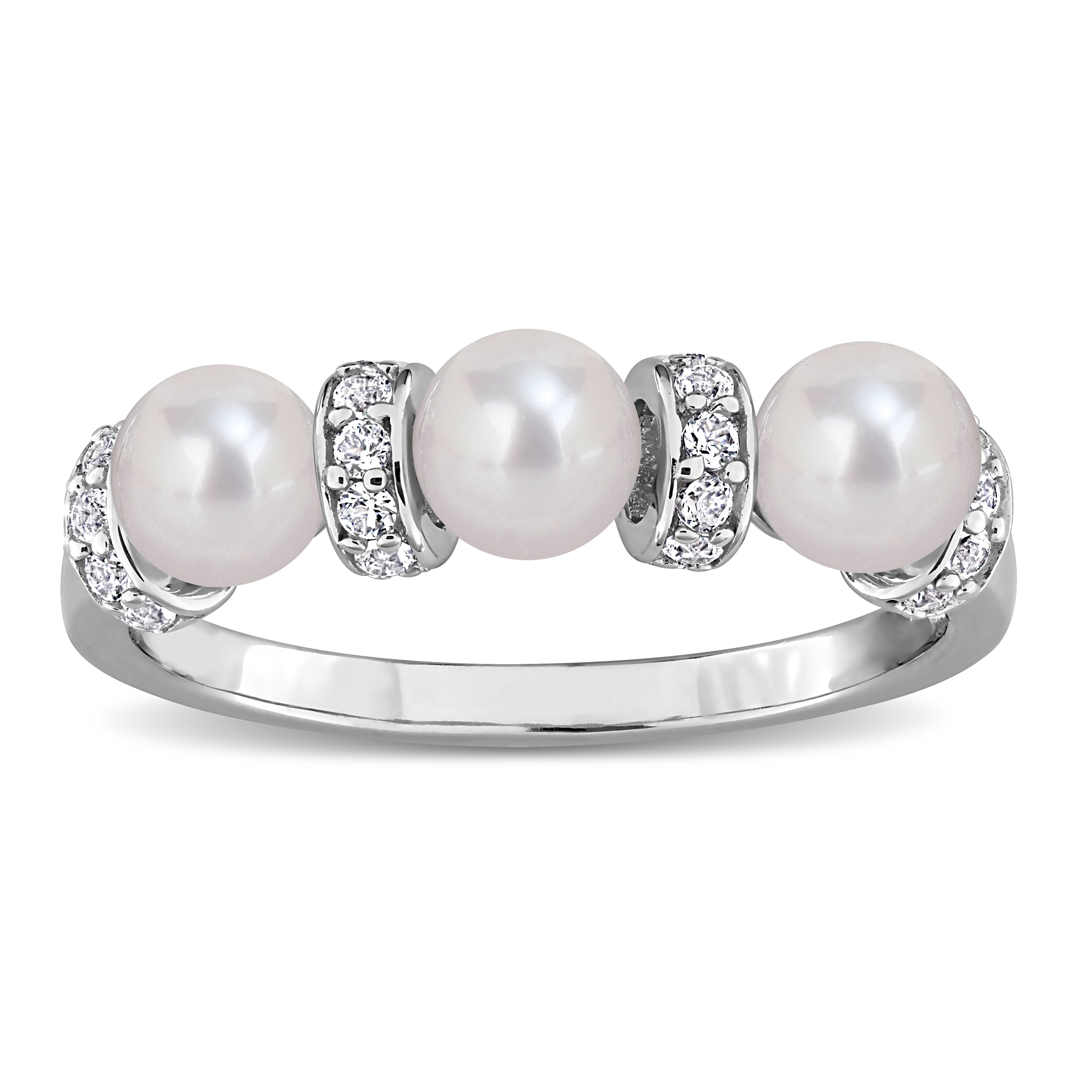 Miadora Cultured Freshwater Pearl and Created White Sapphire Ring in Sterling Silver