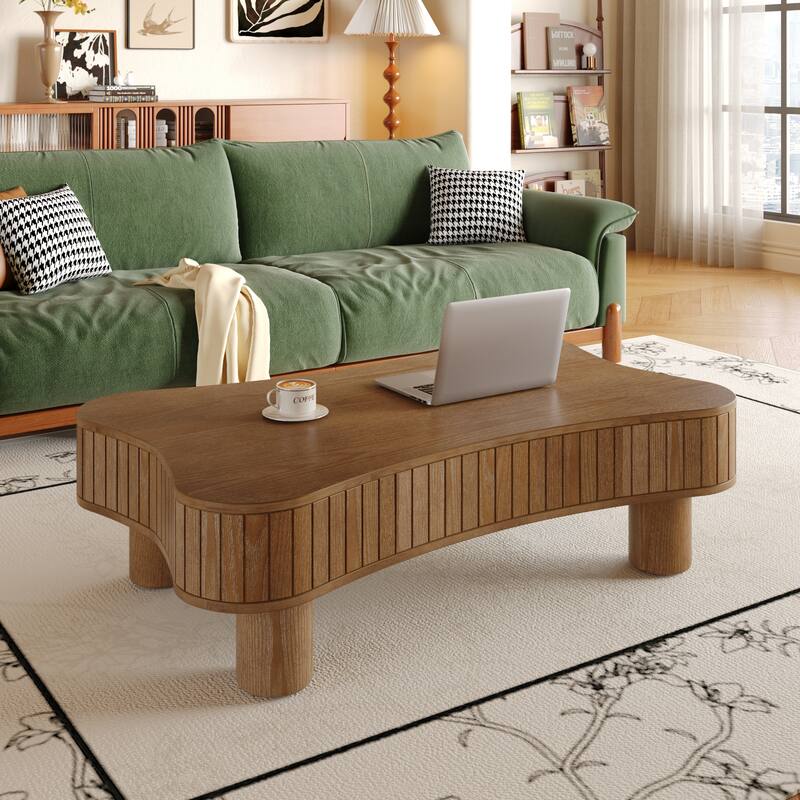 Lift Top Coffee Table for Living Room 42" Fluted Panel Hidden Storage, Silent Hydraulic Lift, Curved Safety Corners,Natural Wood
