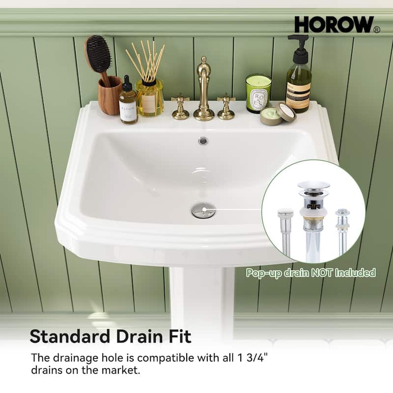 HOROW 23 in. W x18.5 in. D Rectangular Ceramic Pedestal Combo Bathroom Sink in White with Overflow Drain and 3-Faucet Holes