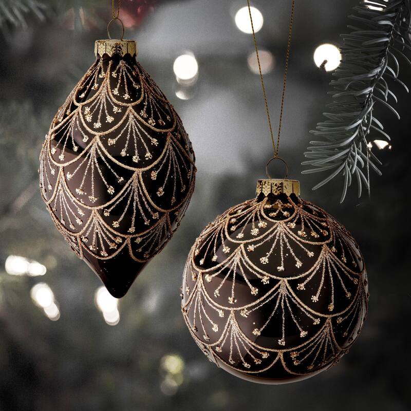 6ct Black and Gold Glittered Art Deco Glass Ball/Finial Christmas Ornaments 4"