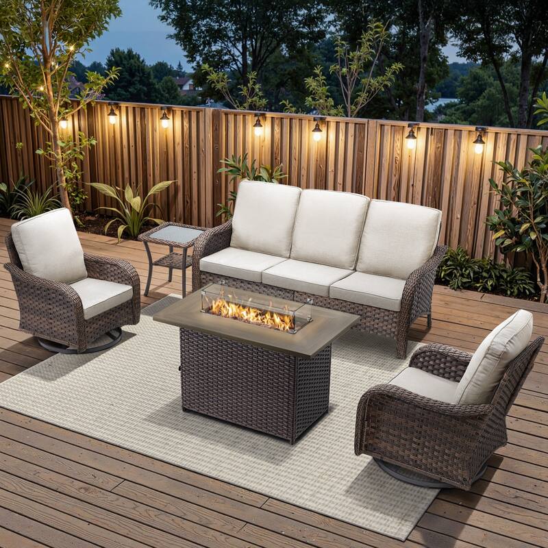 Cavira Brown Wicker Patio Fire Pit Conversation Set with Swivel Gliders - Beige Cushions - 5-Piece
