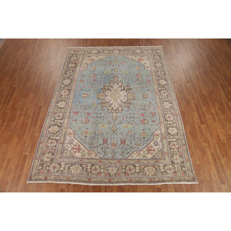 Light Blue Geometric Tabriz Persian Vintage Rug Handmade Wool Carpet - 7'10" x 10'9"