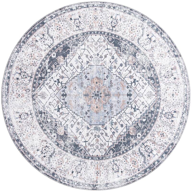 Traditional Tira Collection Area Rug - 7'10" Round - Linen-Charcoal