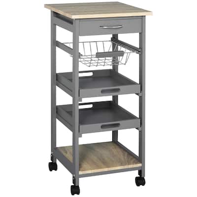 Mobile Kitchen Cart, Rolling Kitchen Island with Storage, Solid Wood Frame Utility Cart with Wire Fruit Baskets, Trays & Drawer