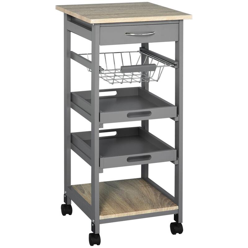 Mobile Kitchen Island, Solid Pine Wood Frame Bar Cart, Trolley Serving Cart with Drawer & Slide-Out Wire Storage Basket, Grey