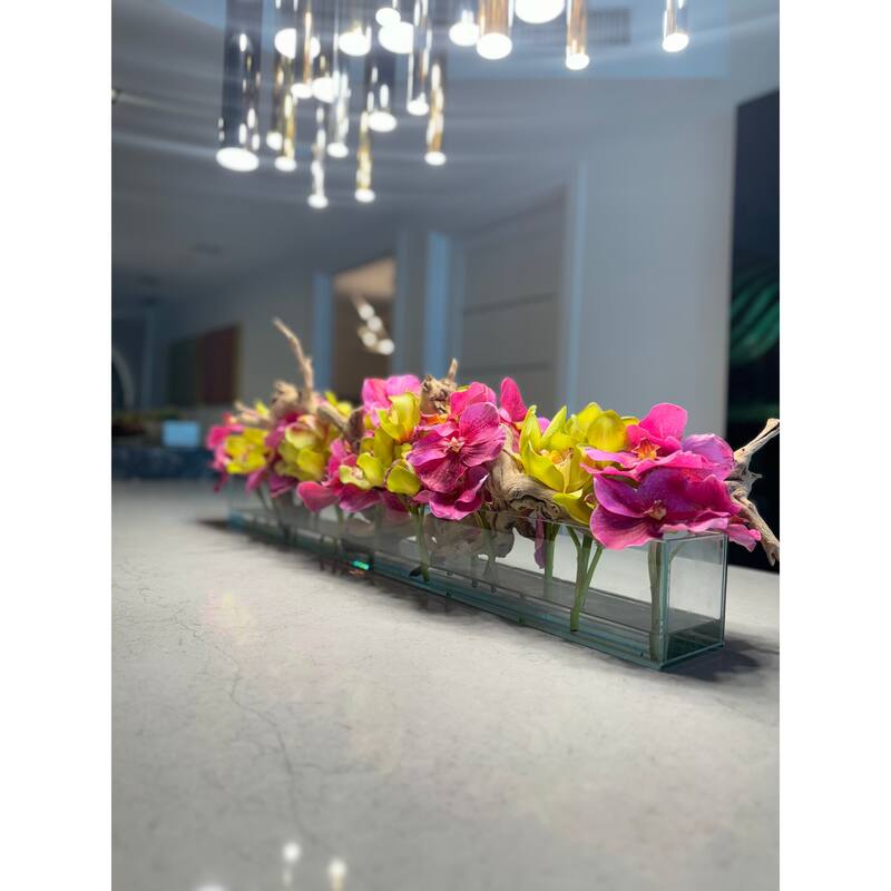 Casa Moderna Glass Planter With Pink Vandas And Green Cymbidiums