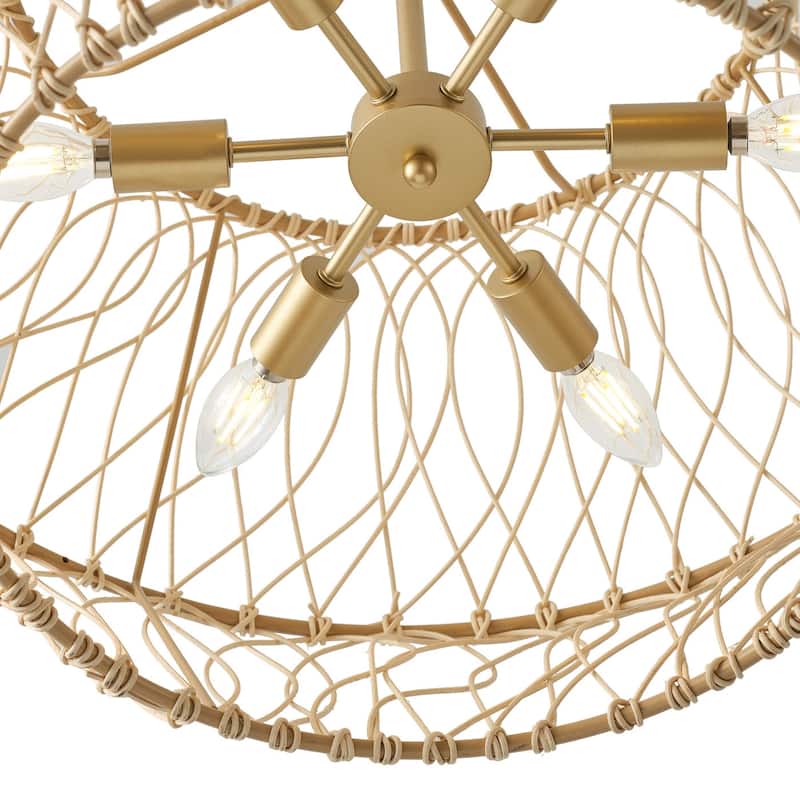 Vintage Gold 6-Light Geometric Handwoven Rattan Pendant Light Fixture