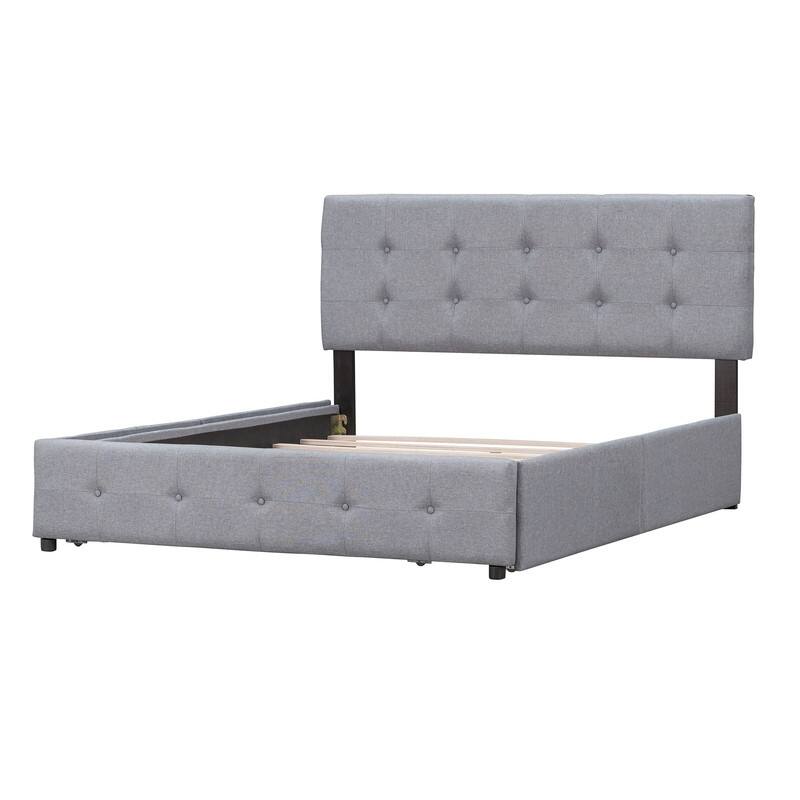 Queen Upholstered Bed Frame with 4 Drawers, Linen Fabric Platform Storage Bed with Classic Headboard and Wooden Slats Support