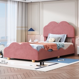 Twin Size Velvet Upholstered Platform Bed, Cloud Shape Headboard,Footboard, Side board