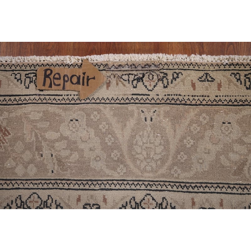 Distressed Tabriz Vintage Persian Rug Hand-Knotted Beige Wool Carpet - 6'6" x 9'11"