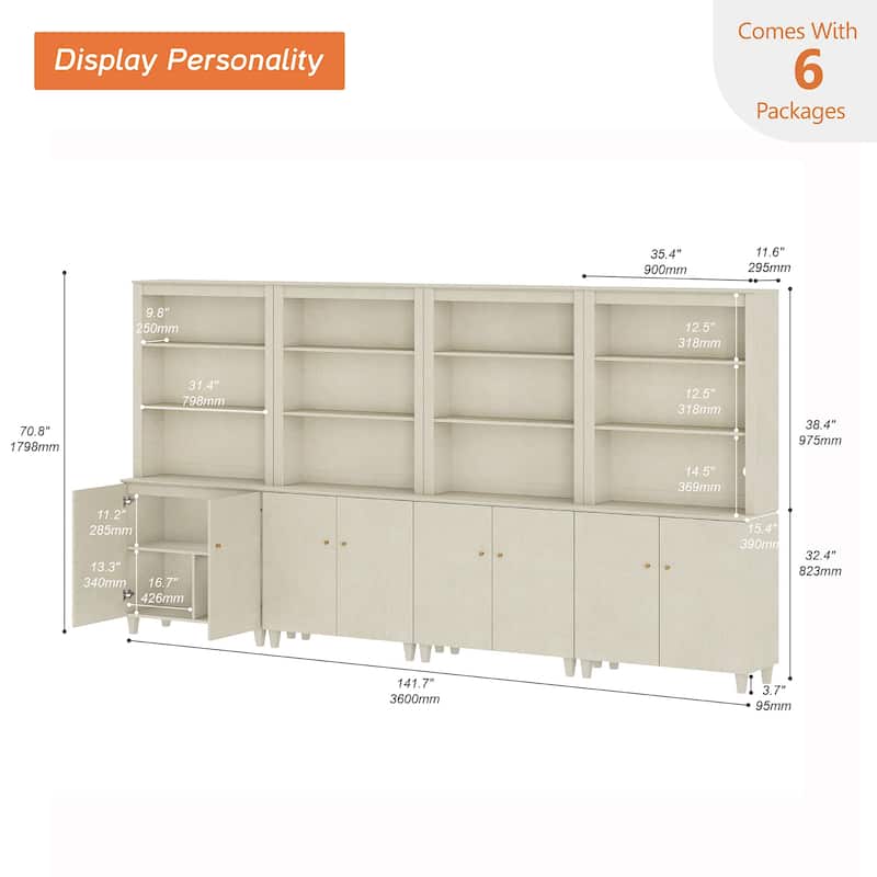 Modern 71" Tall Pantry Cabinet with Doors & Shelves for Dining Room