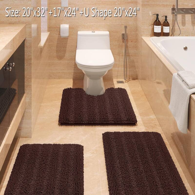 Ultra Soft Striped Non Slip Chenille Bathroom Rug Set 3 Pieces
