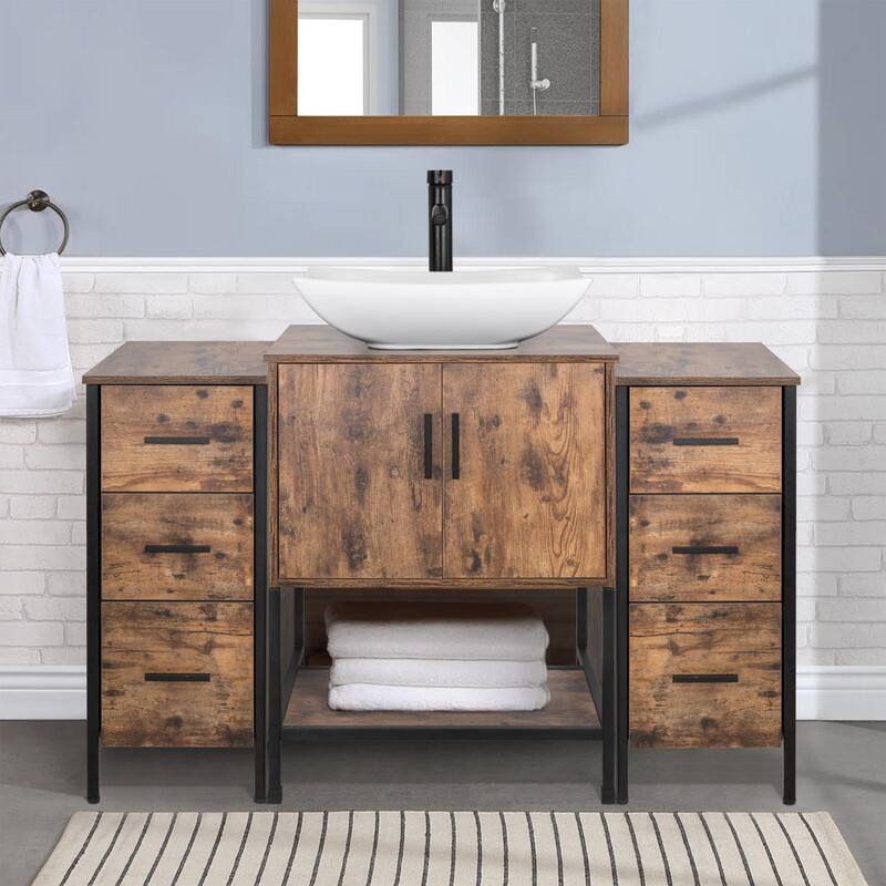 48" Bathroom Vanity Set Organizer Top Vessel Sink W/ Faucet Drain Cabinet Combo - white ceramic curved sink