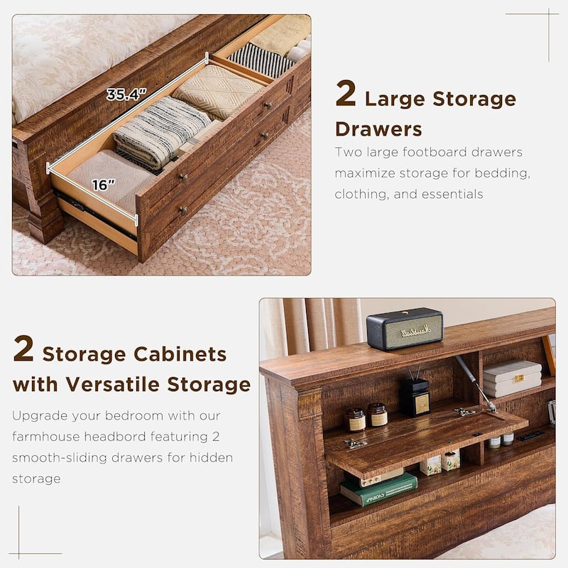 Farmhouse King Size Bed Frame with 54" Tall Storage Bookcase Headboard