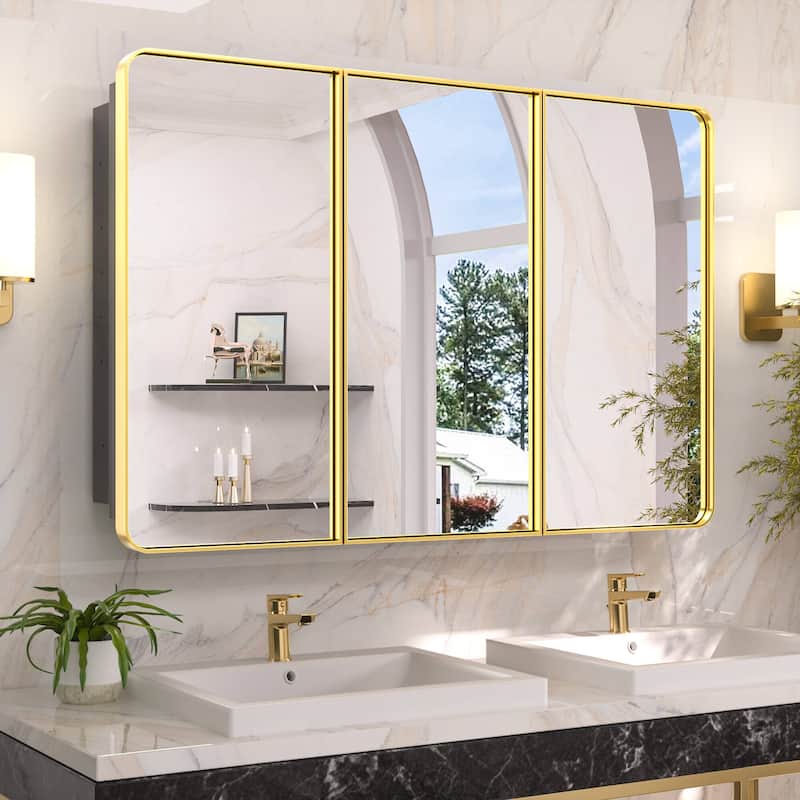 KEONJINN Medicine Cabinets for Bathroom with Mirror, Stainless Steel 1-3 Framed Doors - 48x32 - Gold