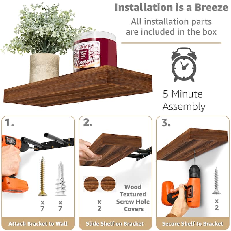 Sorbus 16" Floating Shelf Set - Wood Hanging Rectangle Wall Shelves (2-Pack)