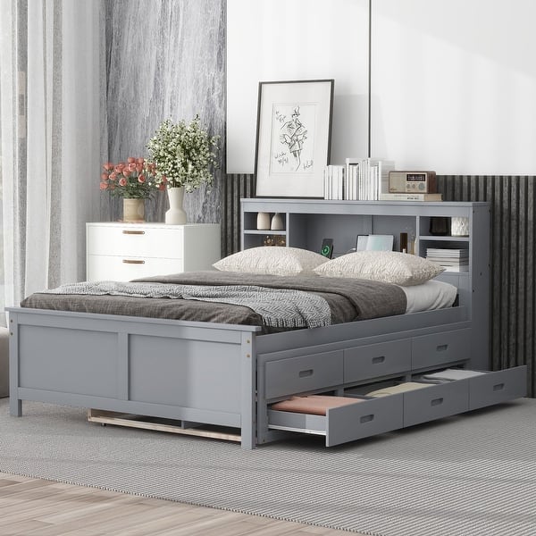 slide 2 of 8, Full Size Wooden Platform Bed w/Storage Headboard, Trundle & USB Ports Gray - Full