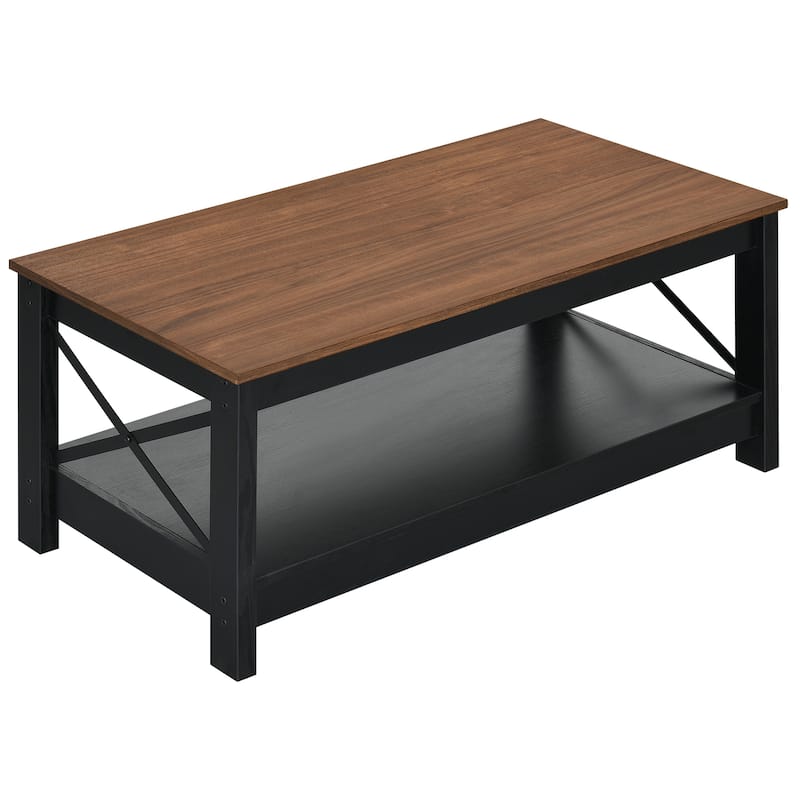 Farmhouse Wood Accent Coffee Table with Large Storage Shelf