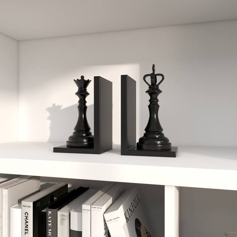 Black Polystone Chess Decorative Bookends with King and Queen (Set of 2)